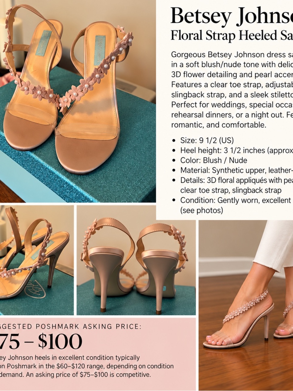 Betsey Johnson Blush/Nude Floral Appliqué Slingback Heels